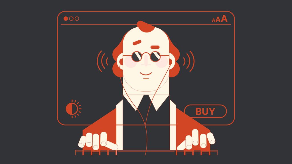 Accessibility cover, a blind man using a browser to buy products