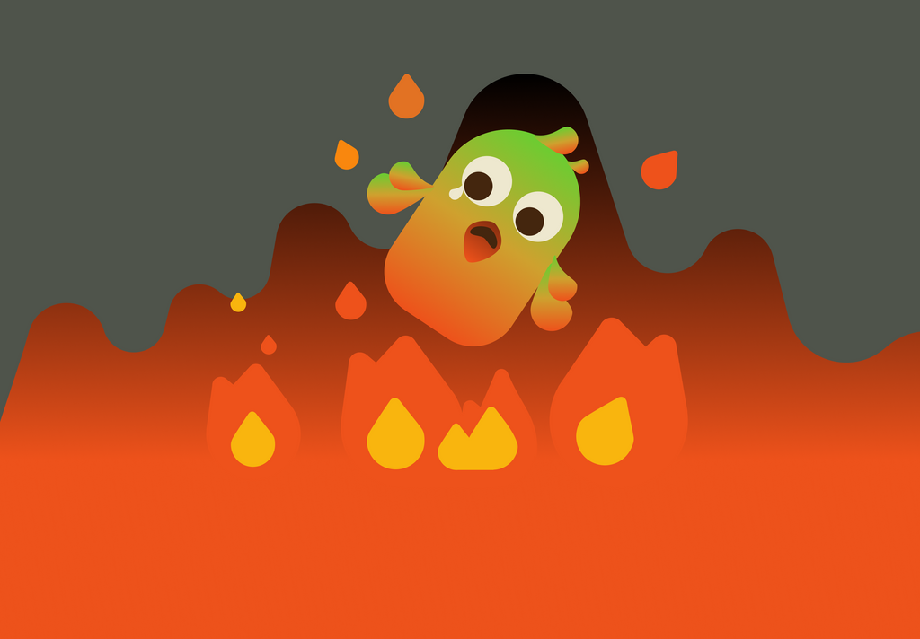 A green bird getting burnt by th flames of his streak